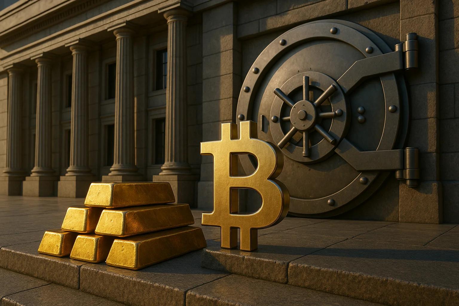 Golden Bitcoin symbol beside gold bars and a vault