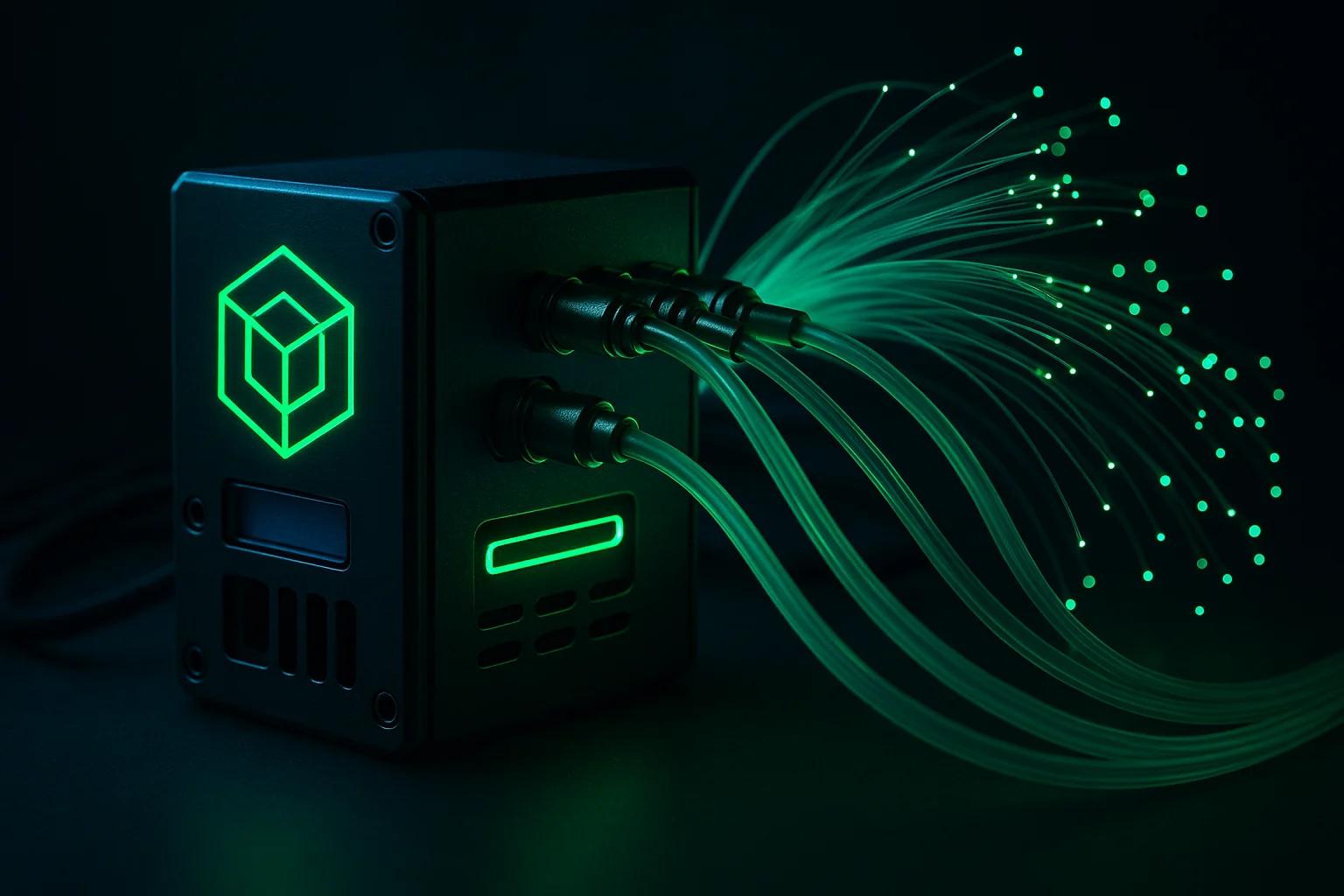 A black device with glowing green accents and