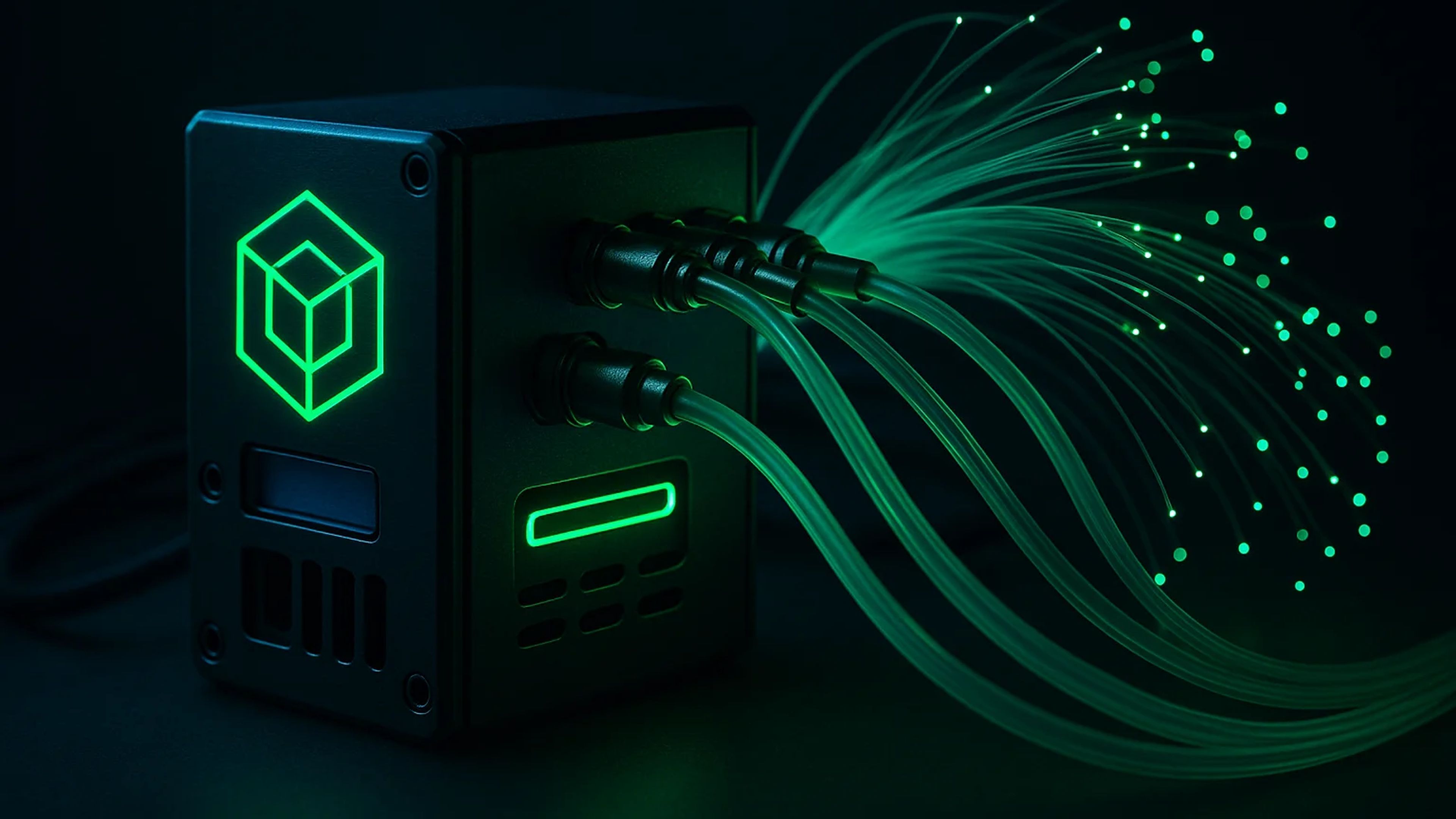 A black device with glowing green accents and