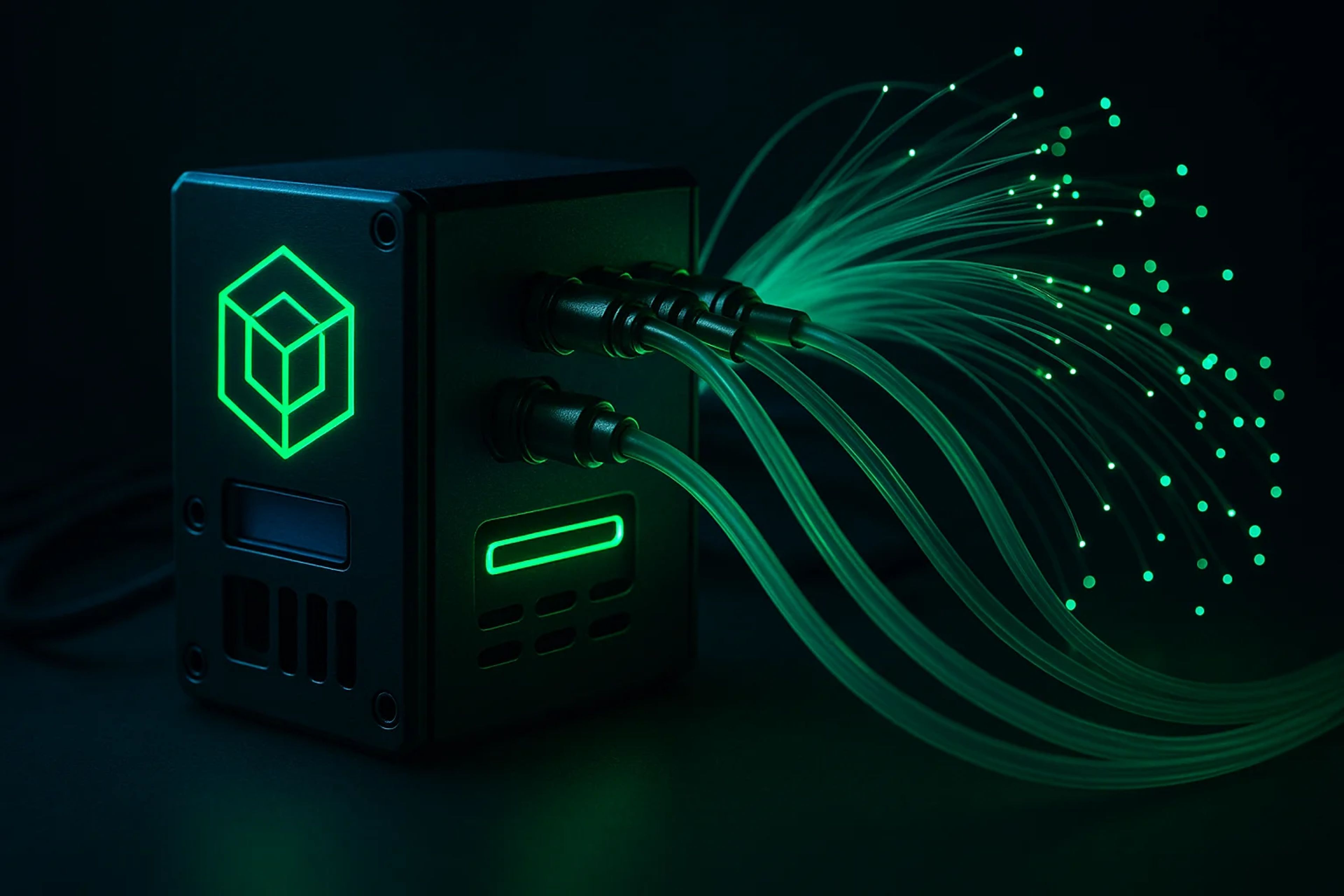 A black device with glowing green accents and