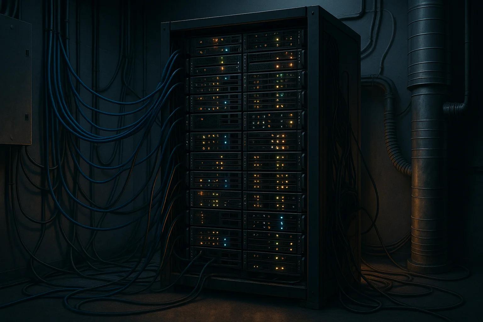 A dark server room with a tall rack of servers