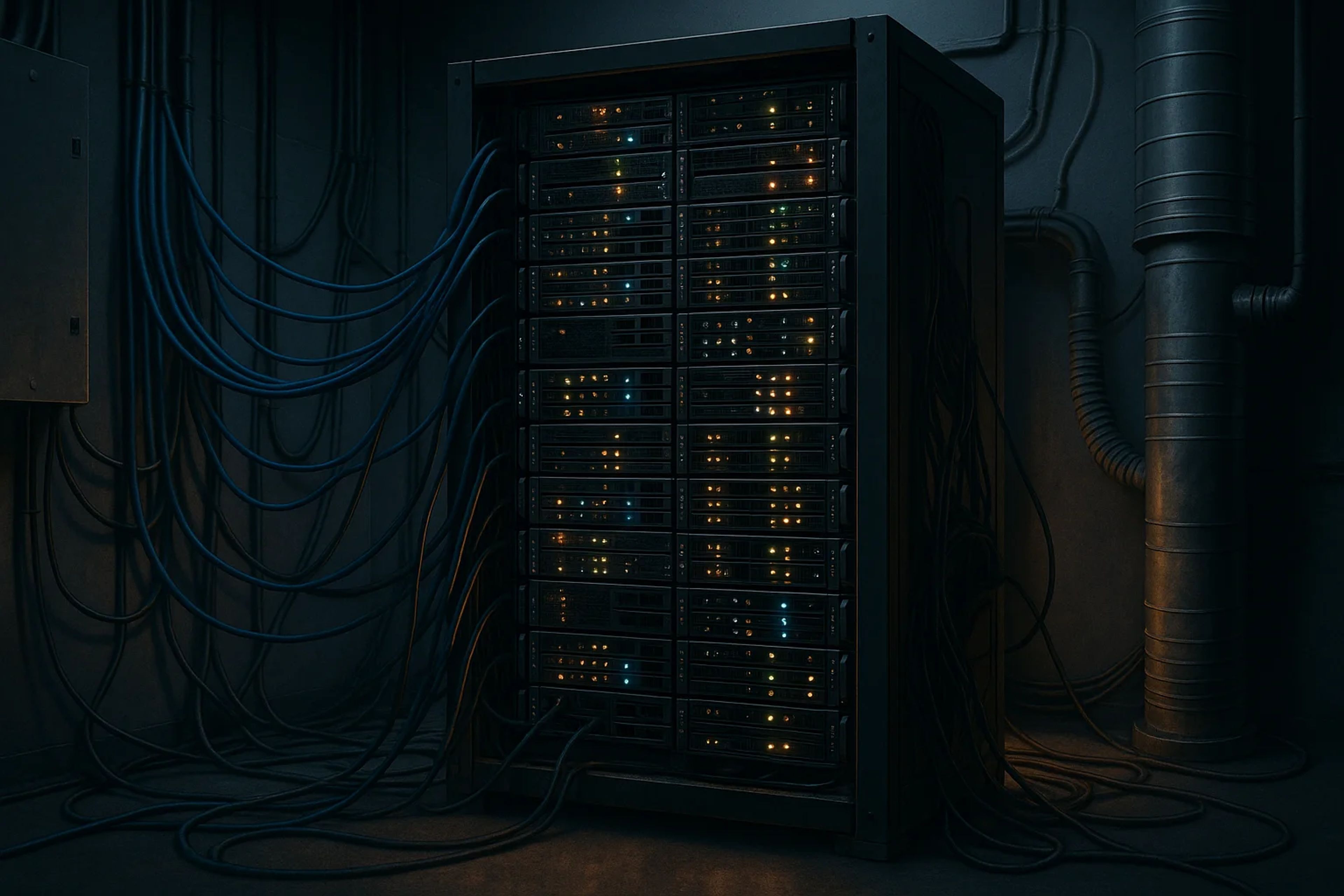 A dark server room with a tall rack of servers