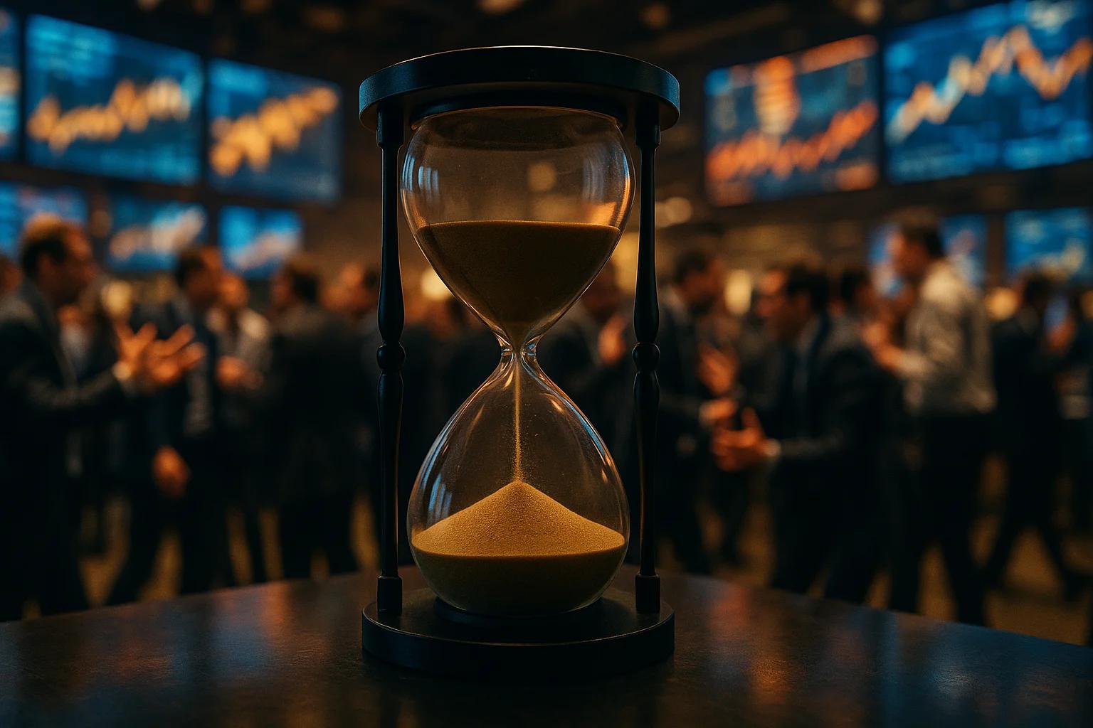 An hourglass in the foreground with blurred