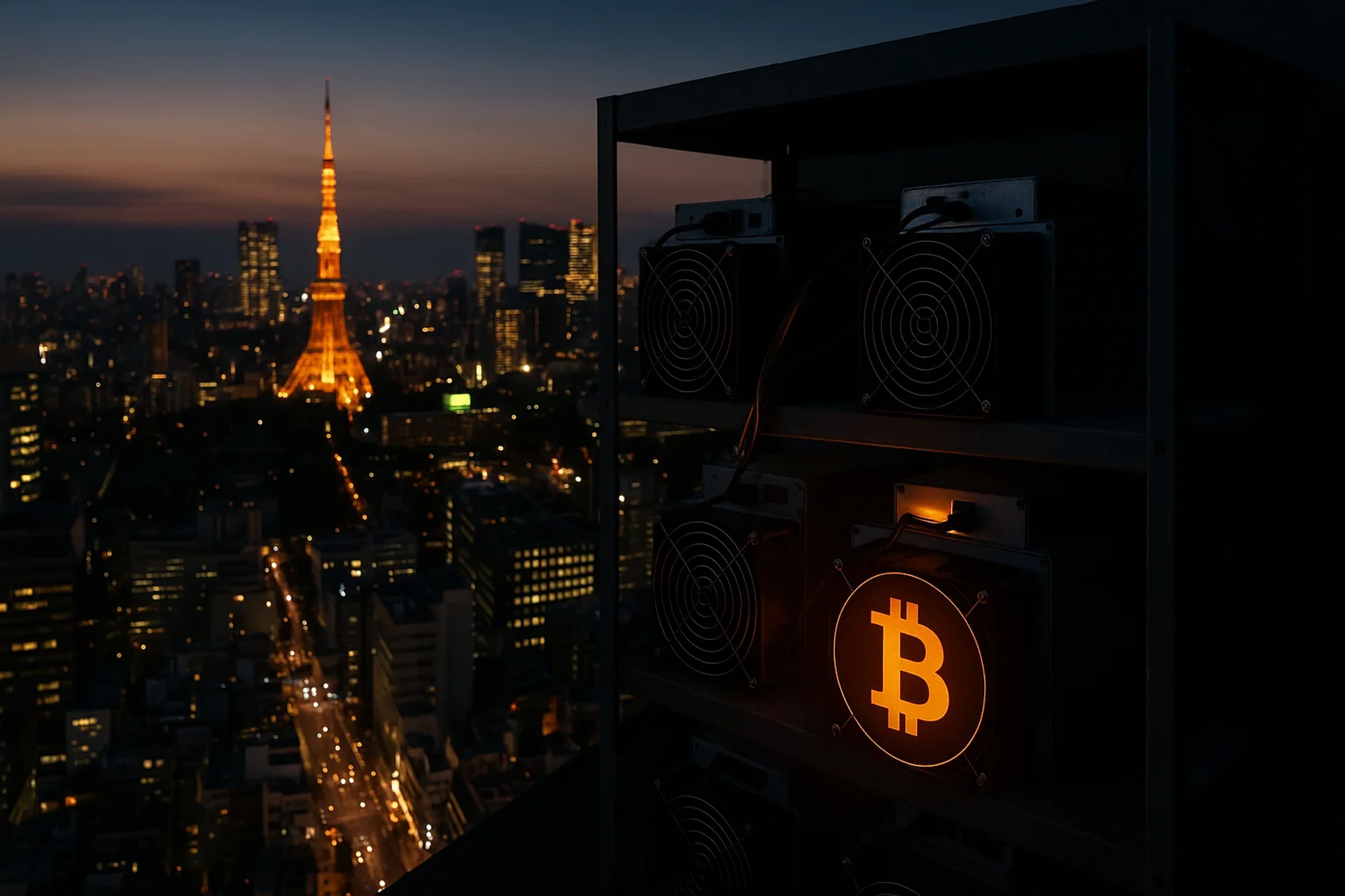 City skyline at dusk with illuminated tower and