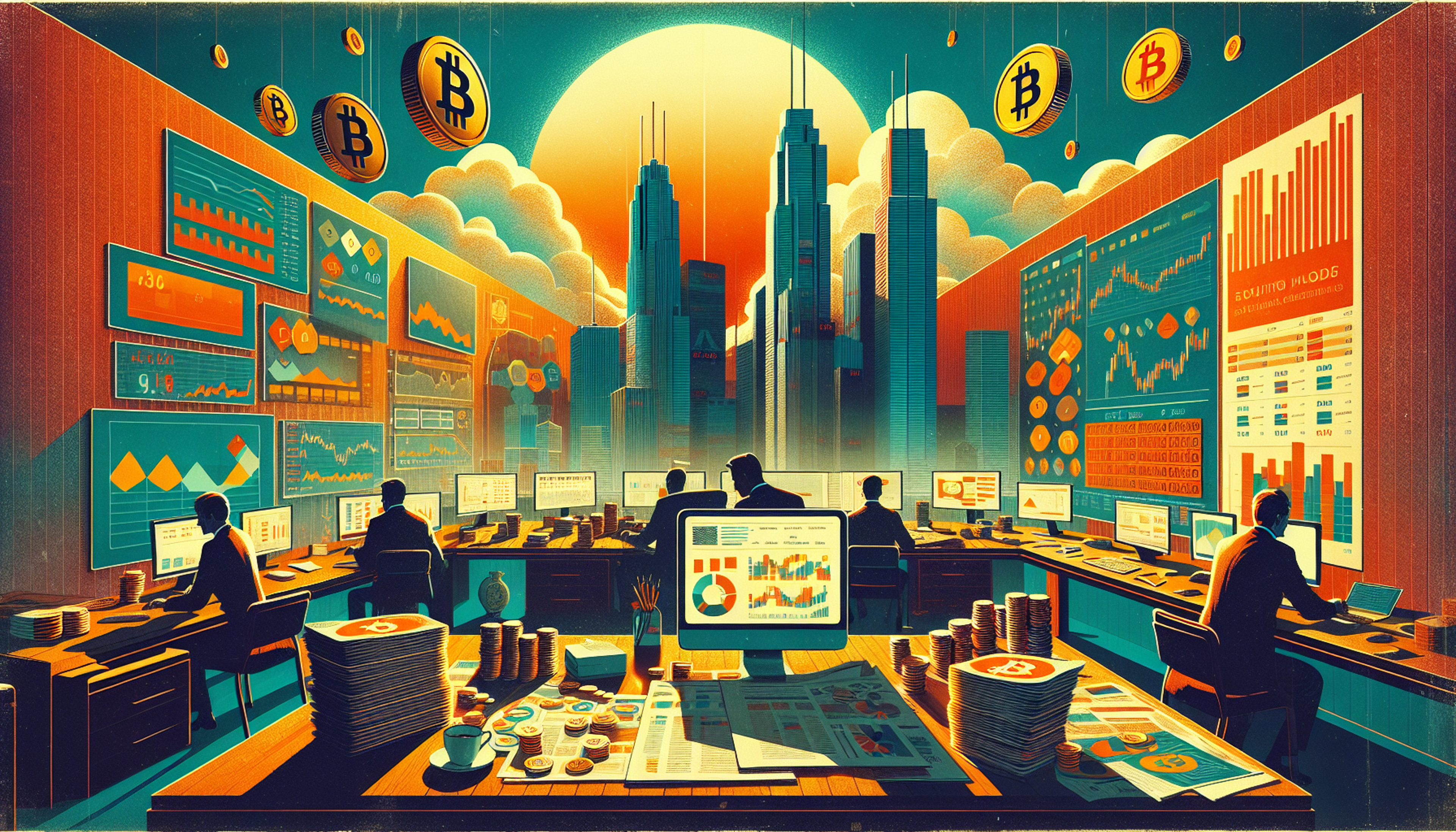 A vibrant trading room with multiple screens