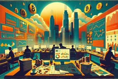 A vibrant trading room with multiple screens