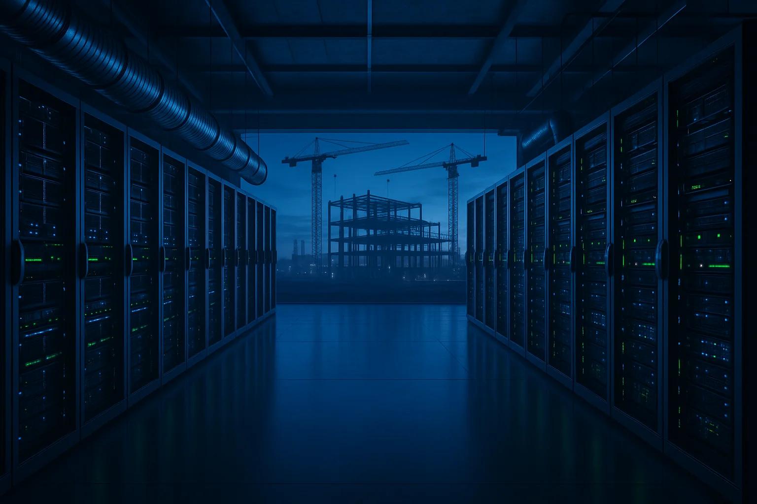 Rows of server racks with blue lighting