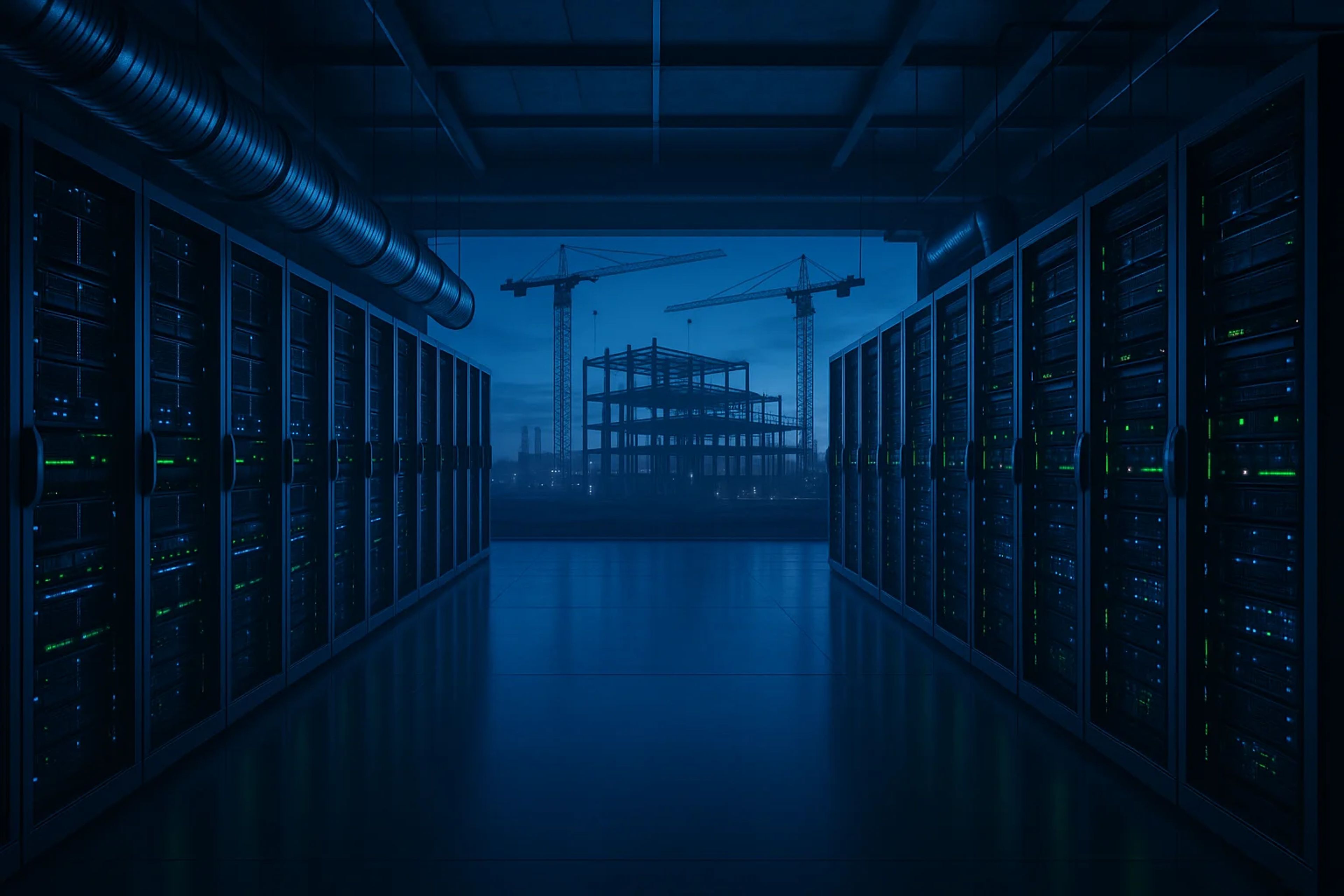 Rows of server racks with blue lighting