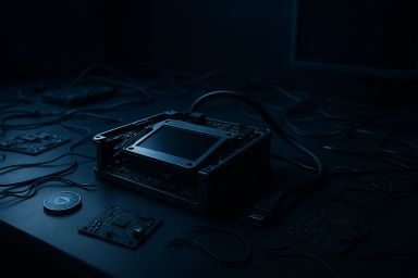 A dark workspace with computer components and