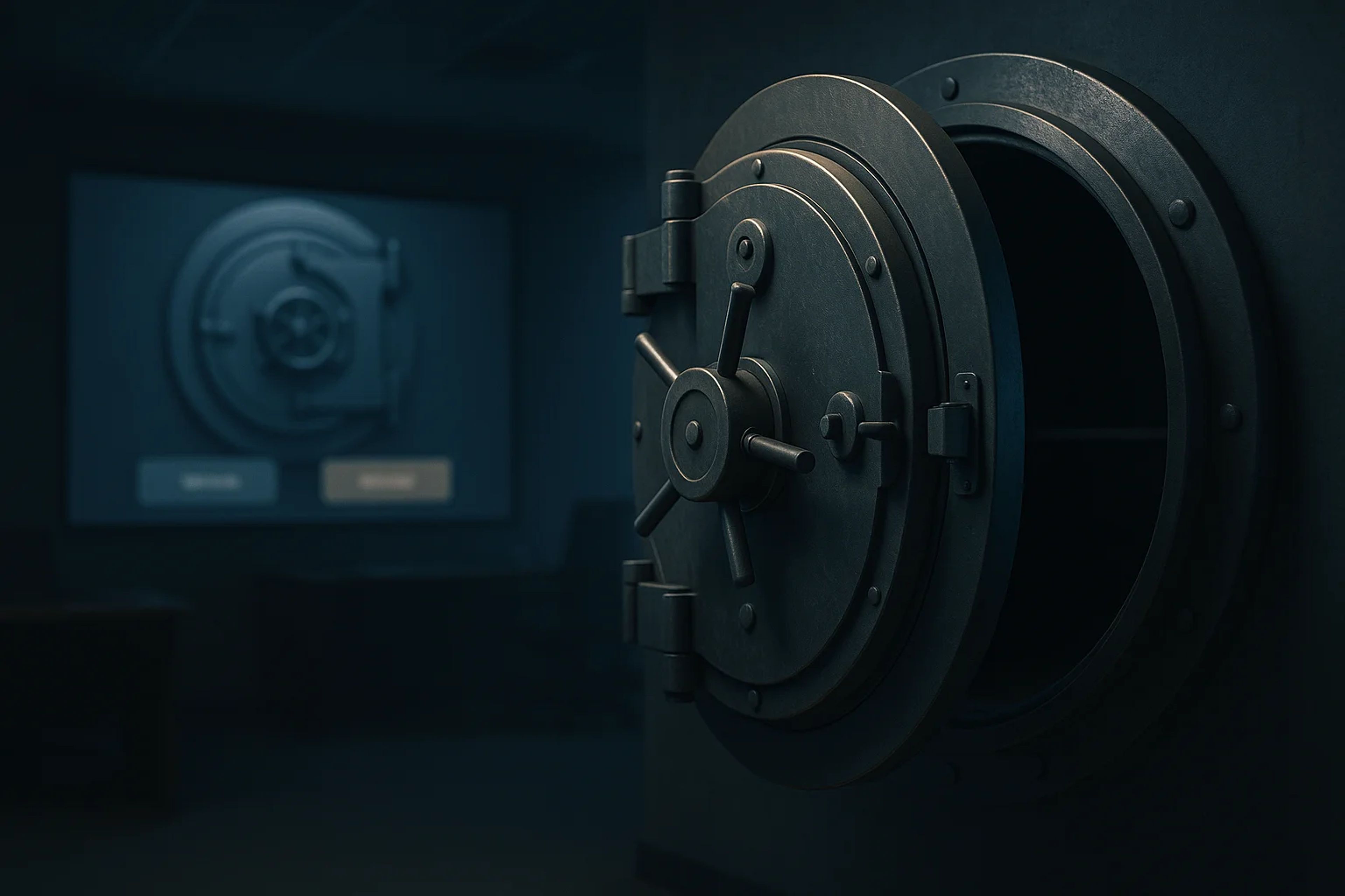 A large, metallic vault door partially open in a