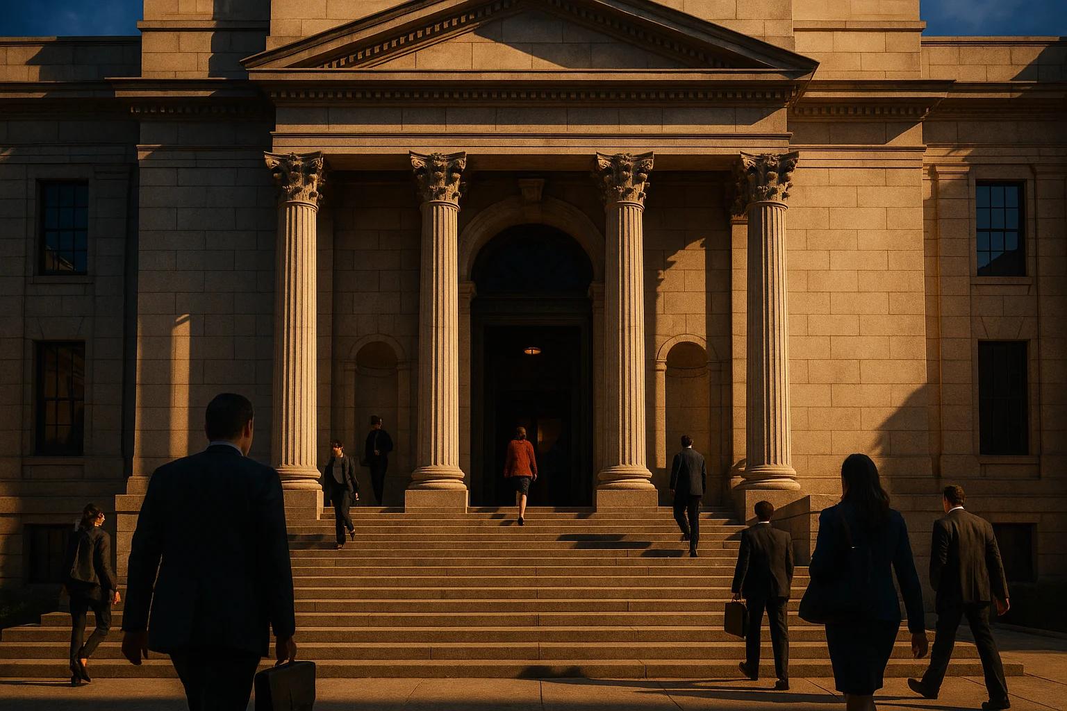 People in business attire walking up steps of a