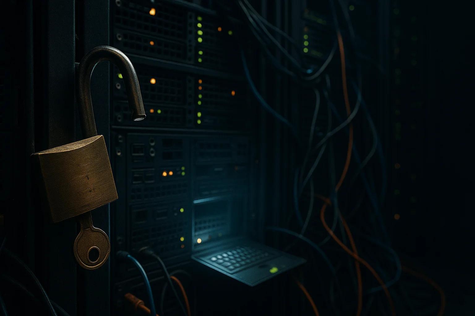 A close-up of an open padlock hanging on server
