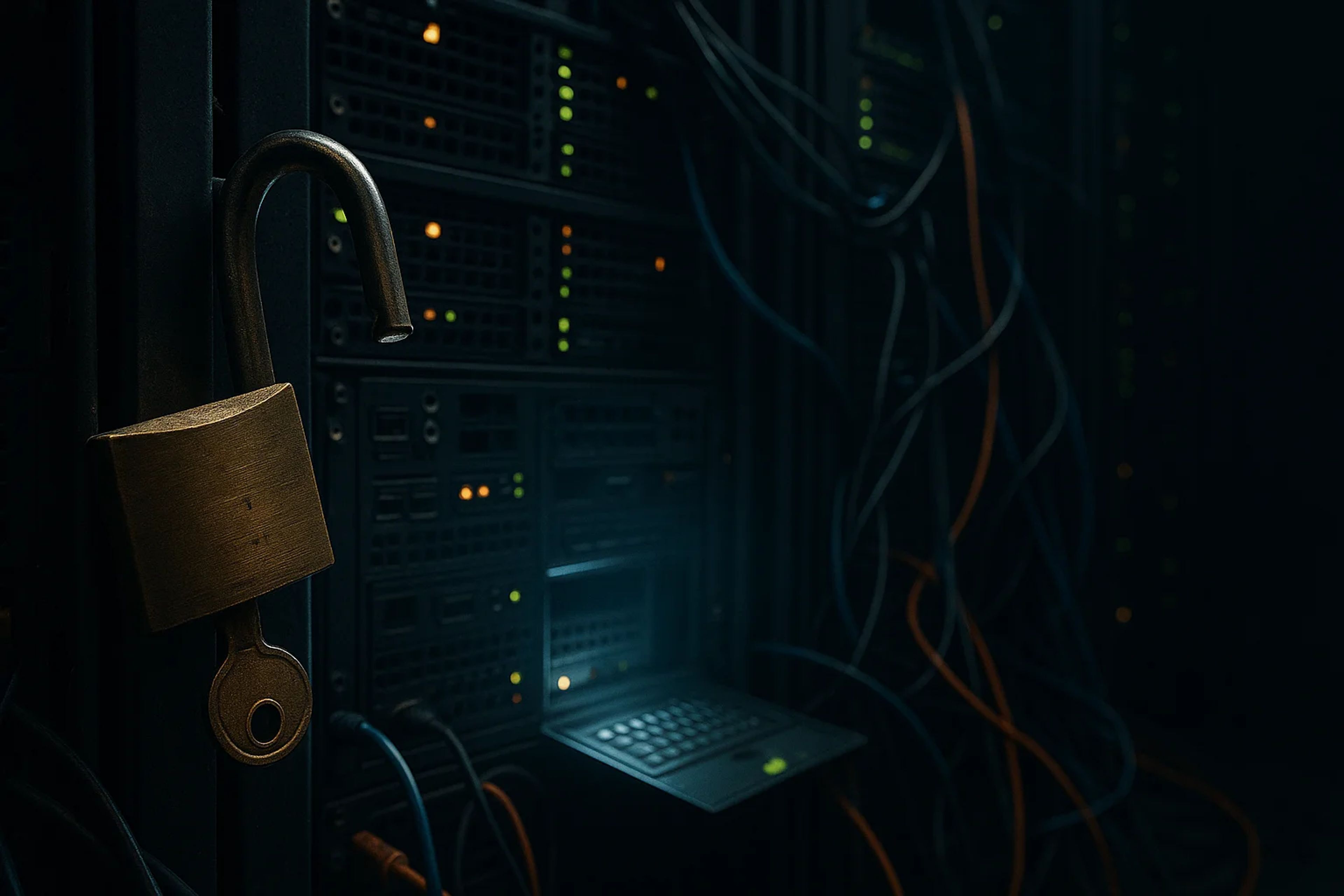 A close-up of an open padlock hanging on server