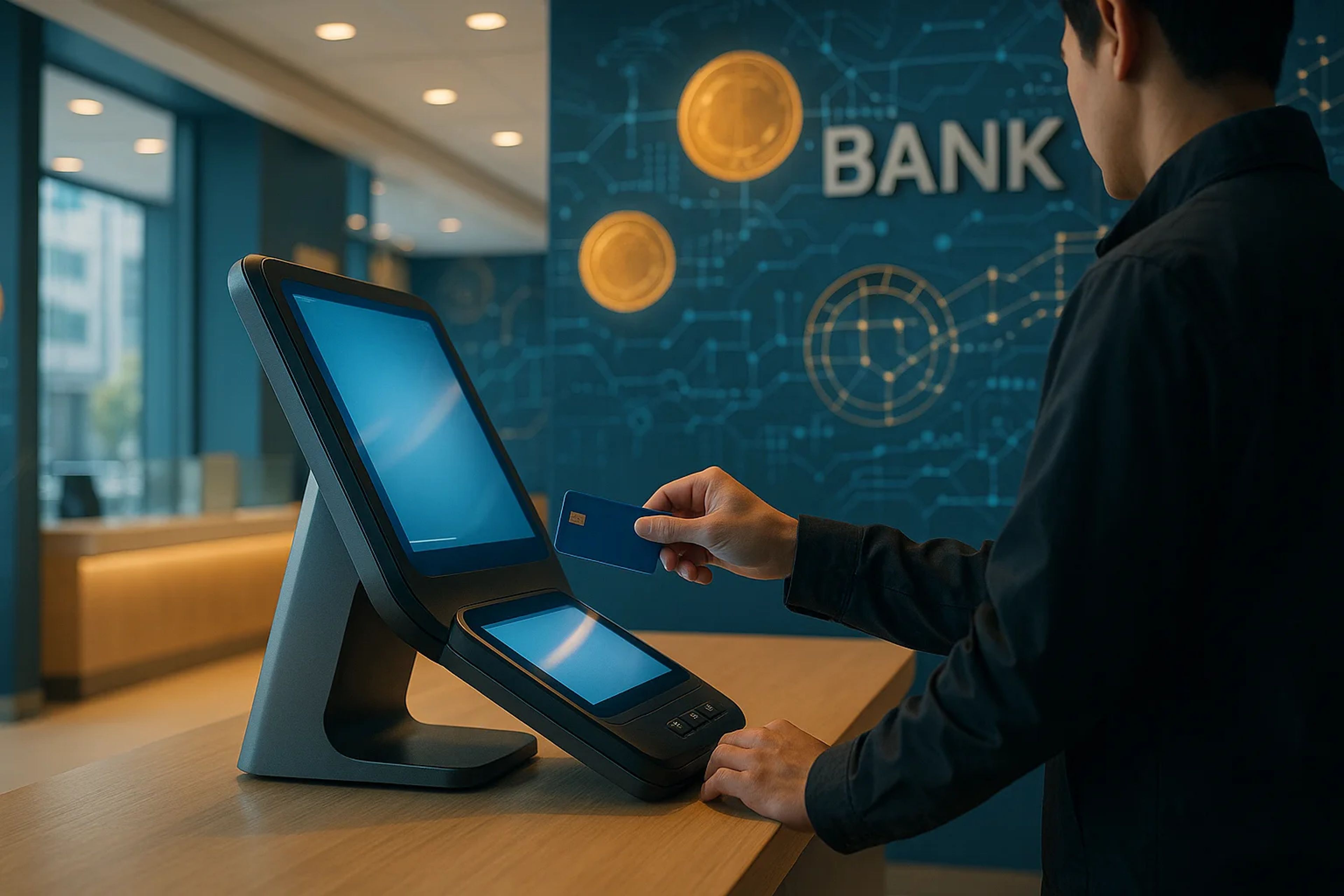 A person using a digital banking kiosk