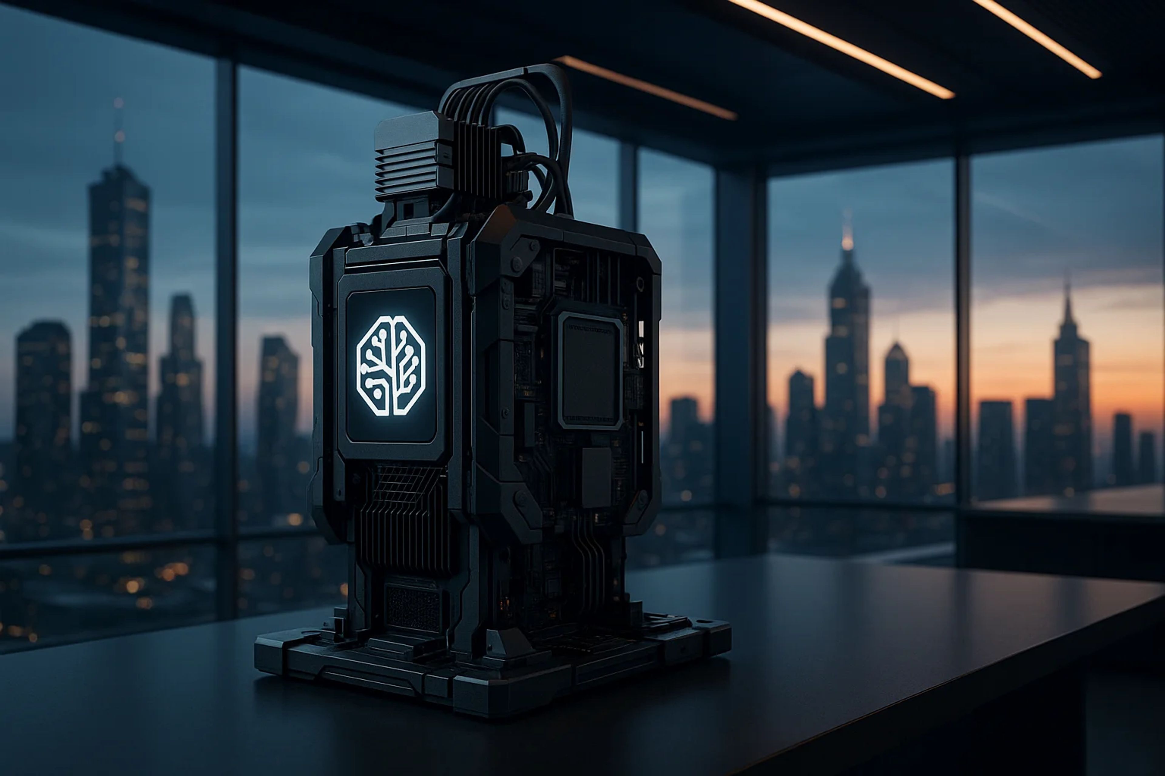 Futuristic computer tower in a city skyline at