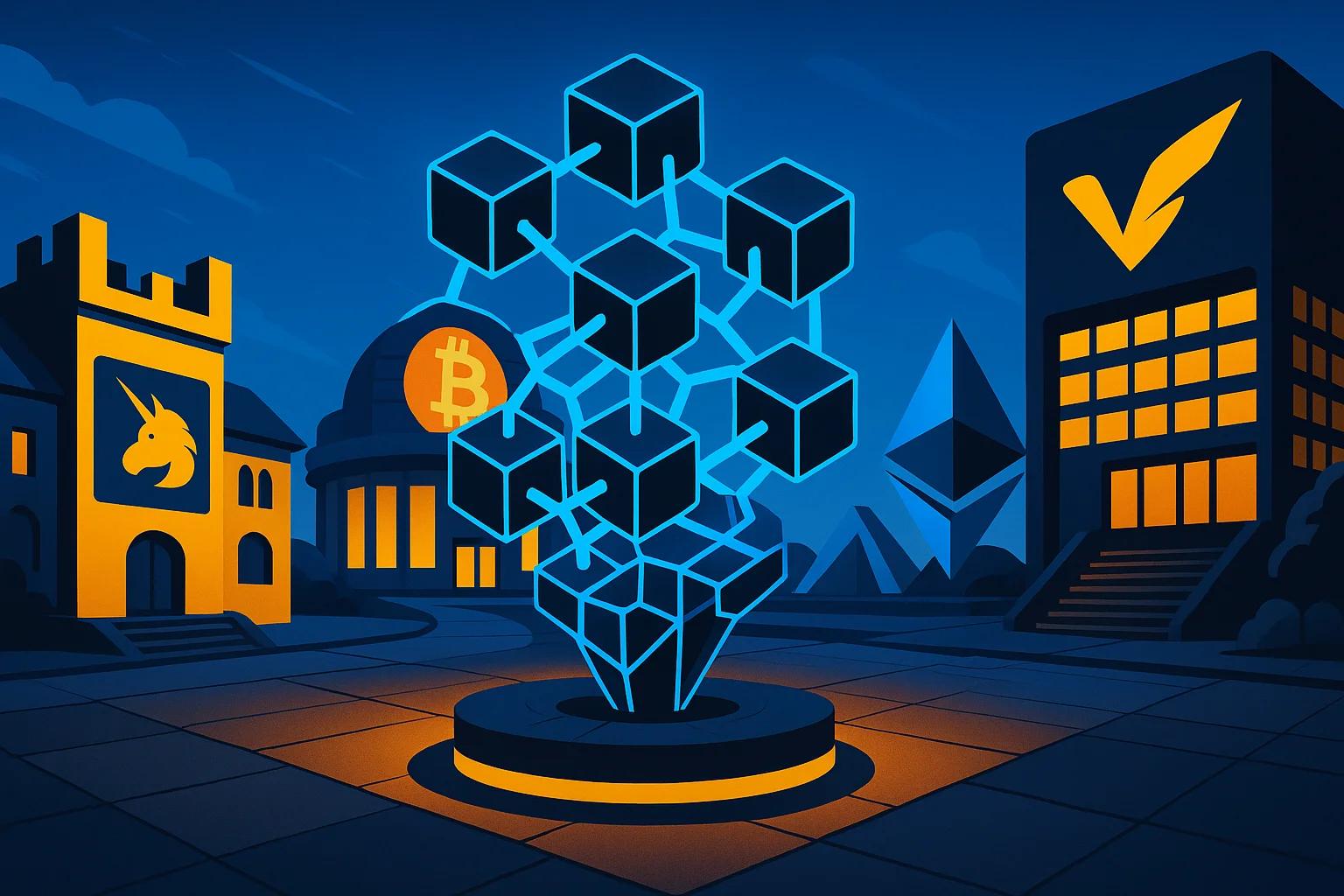 Abstract blockchain structure in a cityscape at