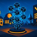 Abstract blockchain structure in a cityscape at