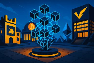 Abstract blockchain structure in a cityscape at