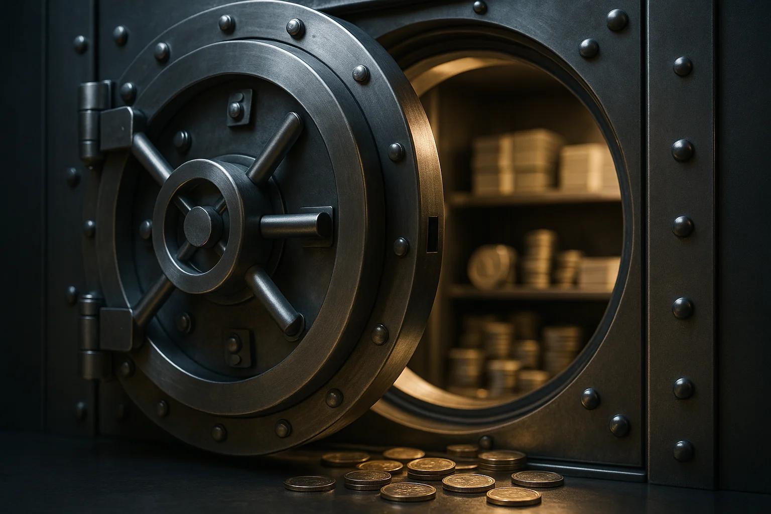 Open safe with coins scattered in front