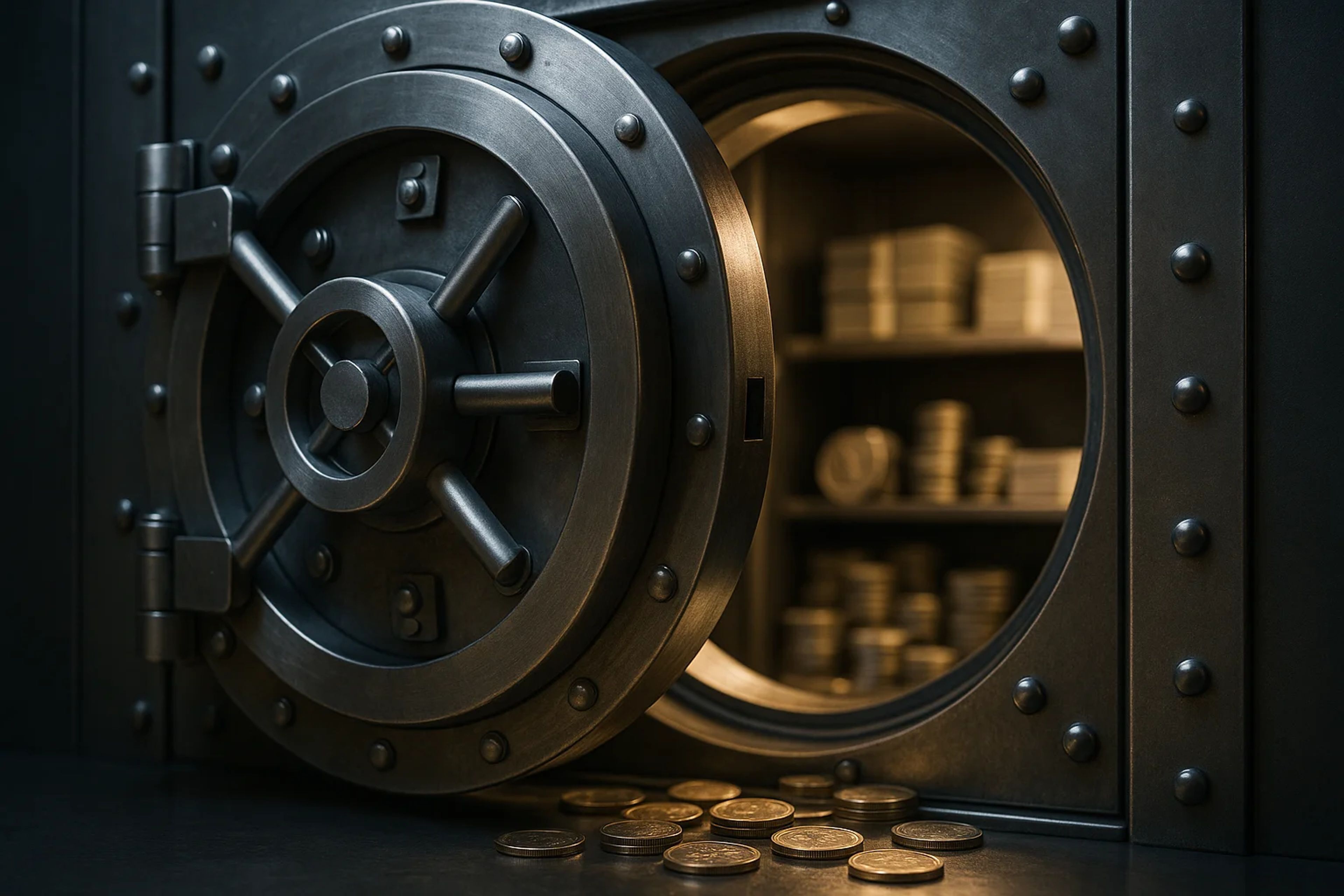 Open safe with coins scattered in front