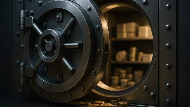 Open safe with coins scattered in front