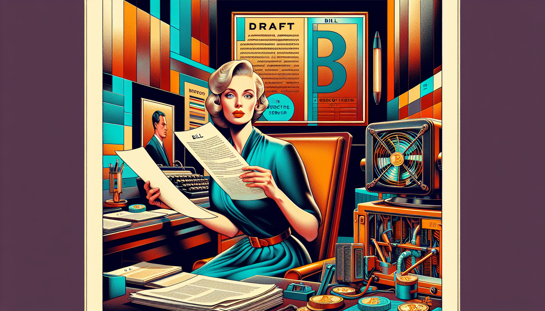 A woman reading a document in a retro office