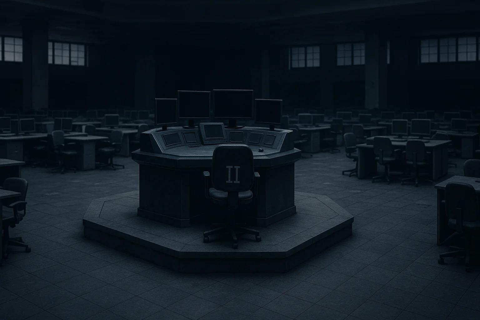 Dimly lit room with a central control desk and