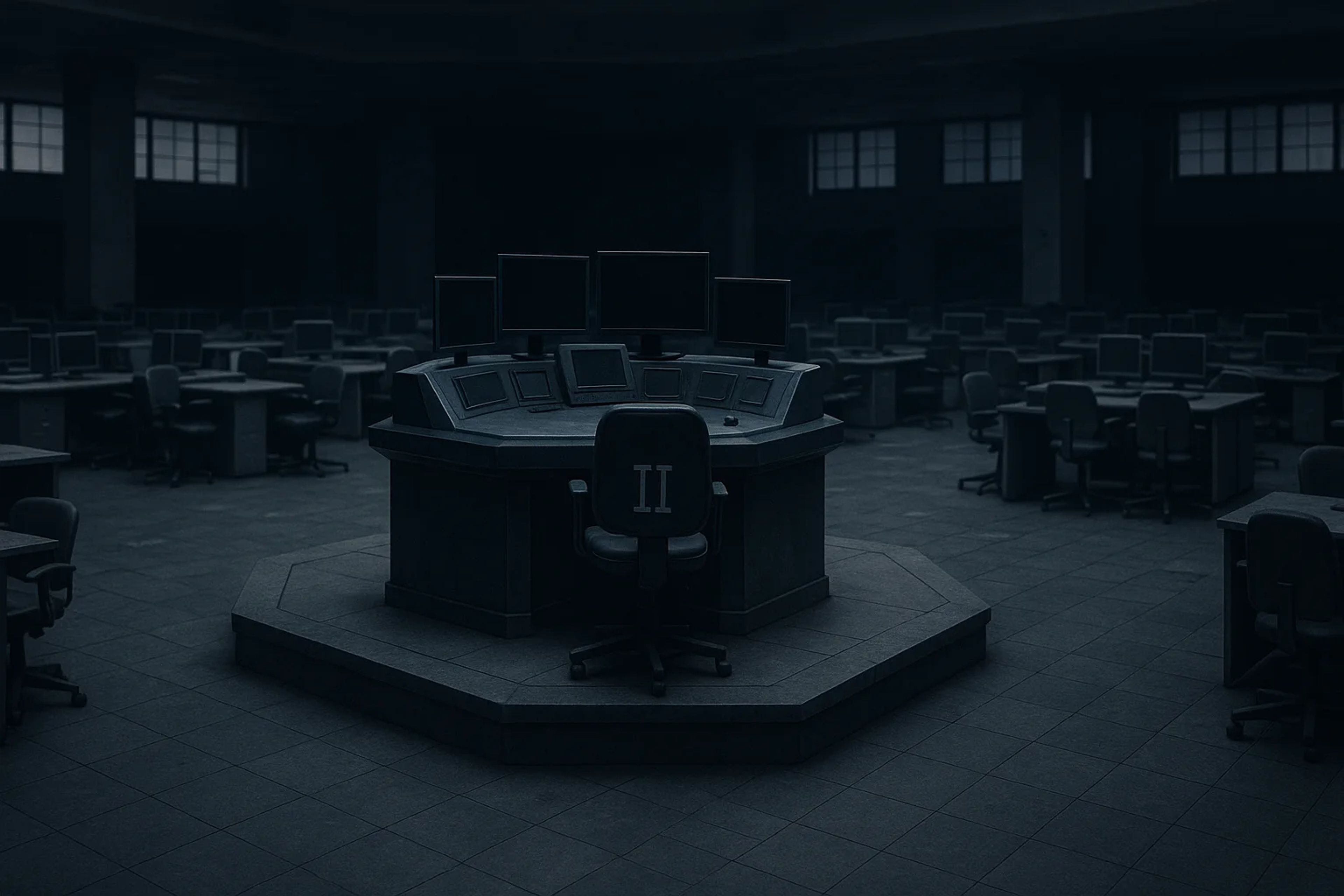 Dimly lit room with a central control desk and