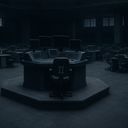 Dimly lit room with a central control desk and