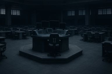 Dimly lit room with a central control desk and