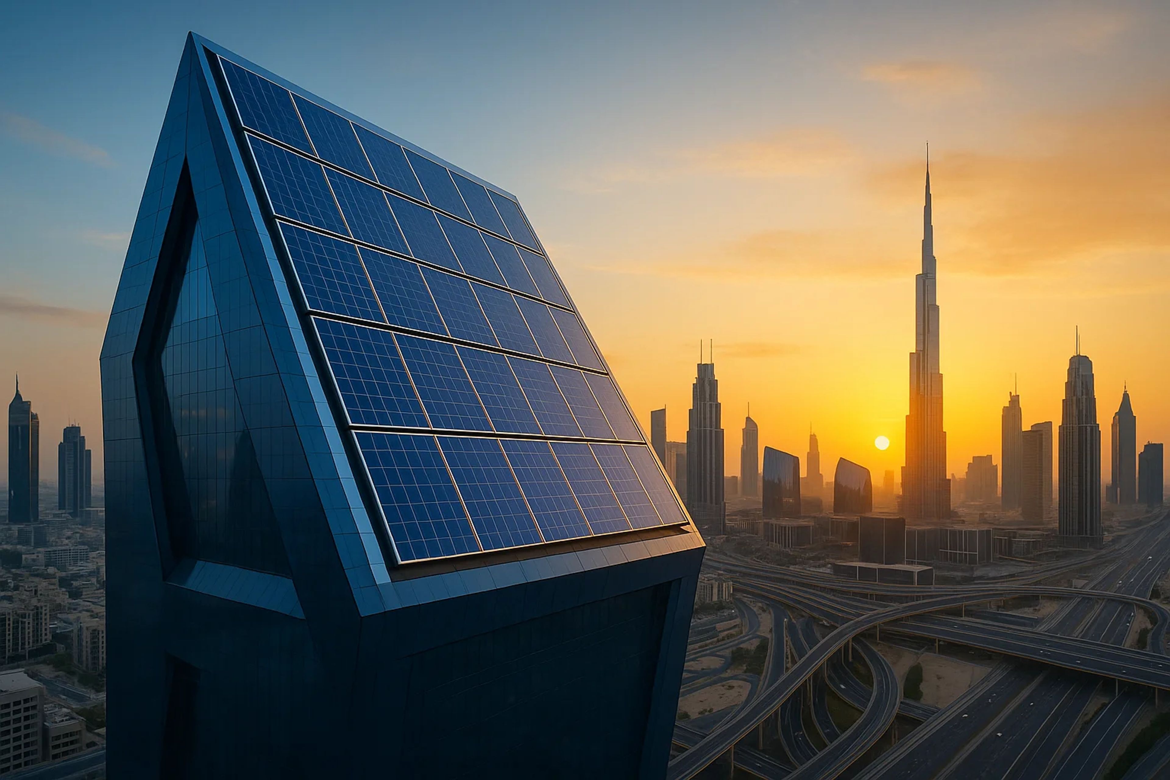 Modern skyscraper with solar panels at sunset
