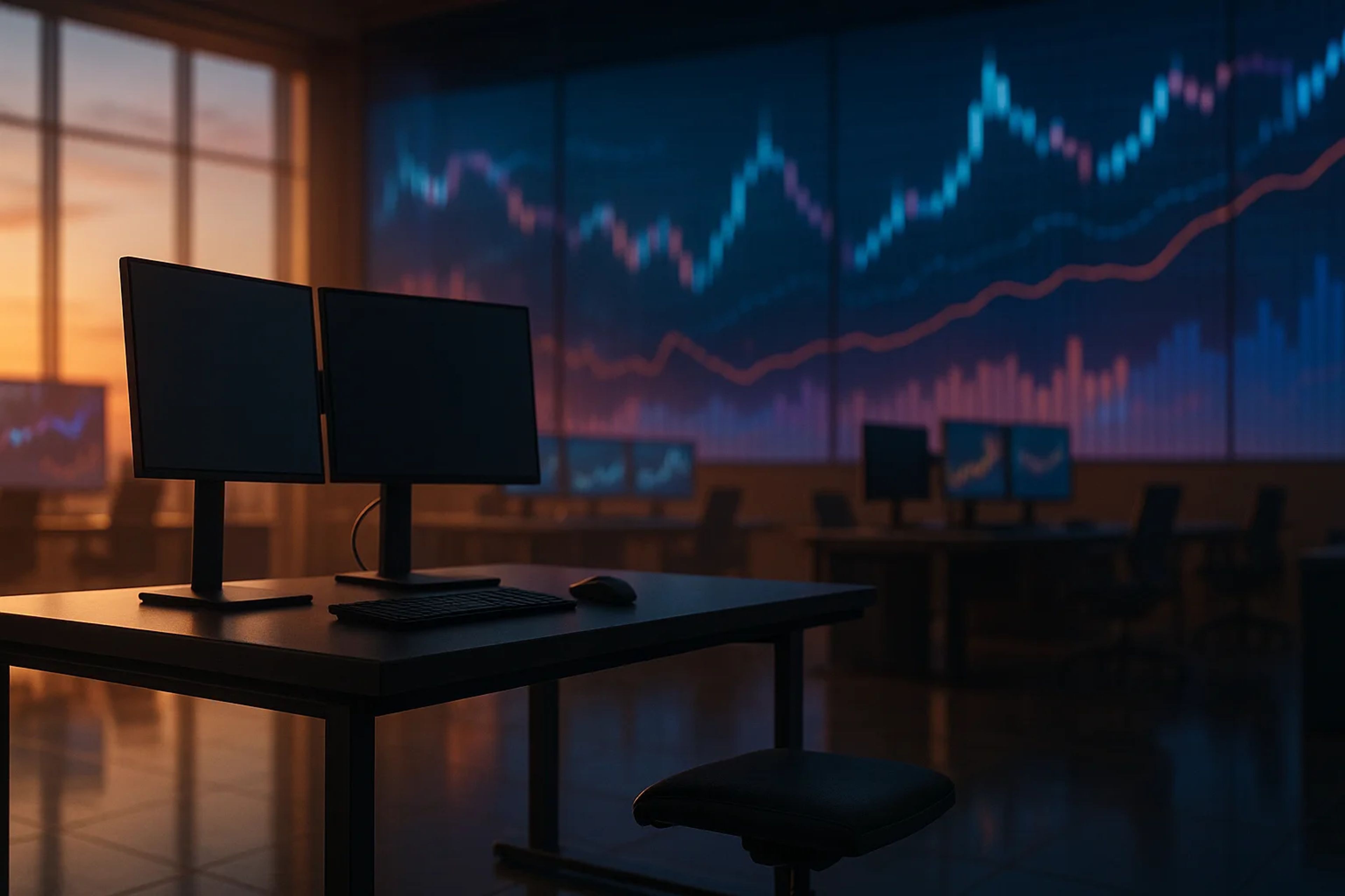 A dimly lit office with two computer monitors on