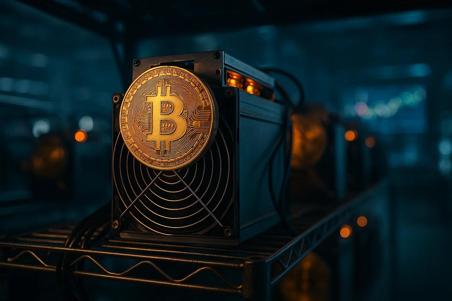 Close-up of a Bitcoin mining machine with a gold