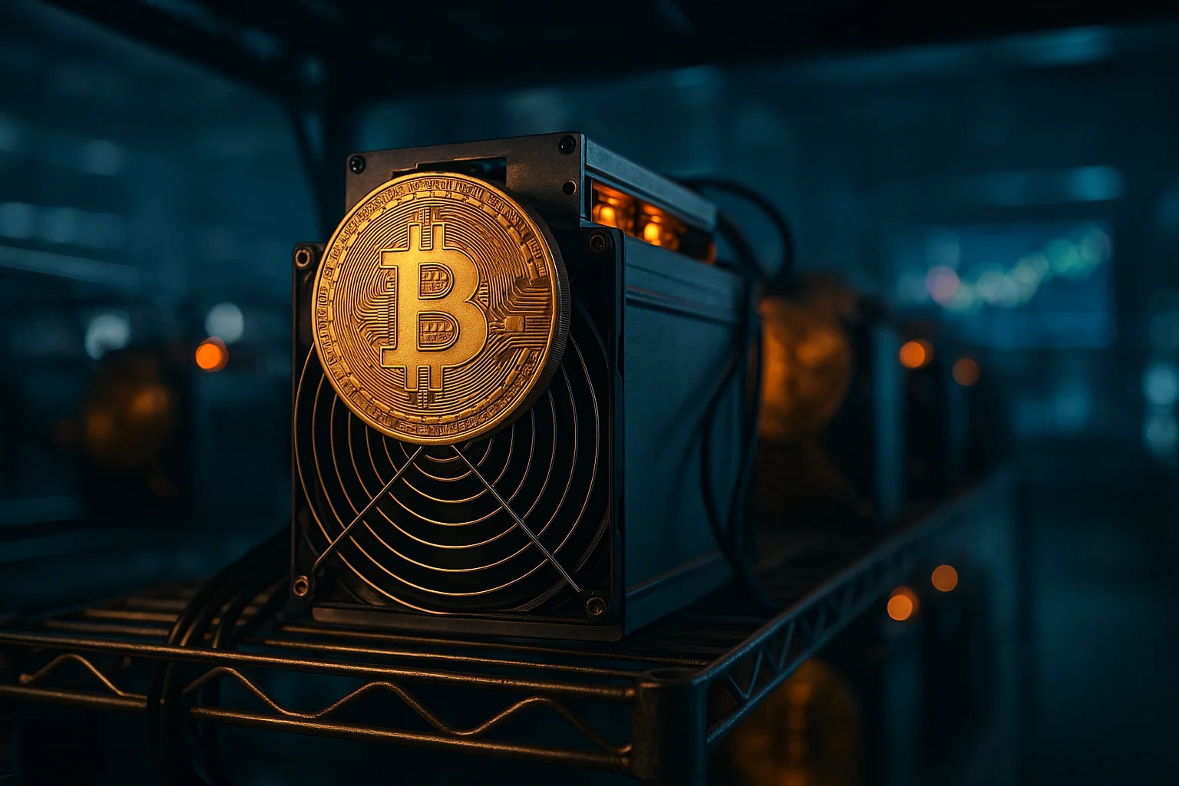 Close-up of a Bitcoin mining machine with a gold