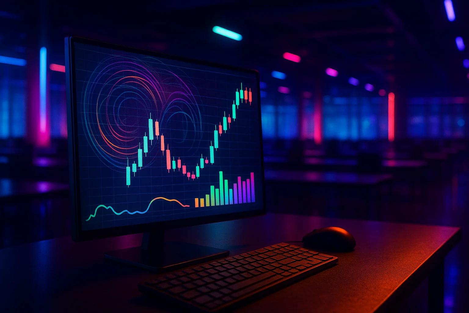 A computer monitor displaying colorful financial