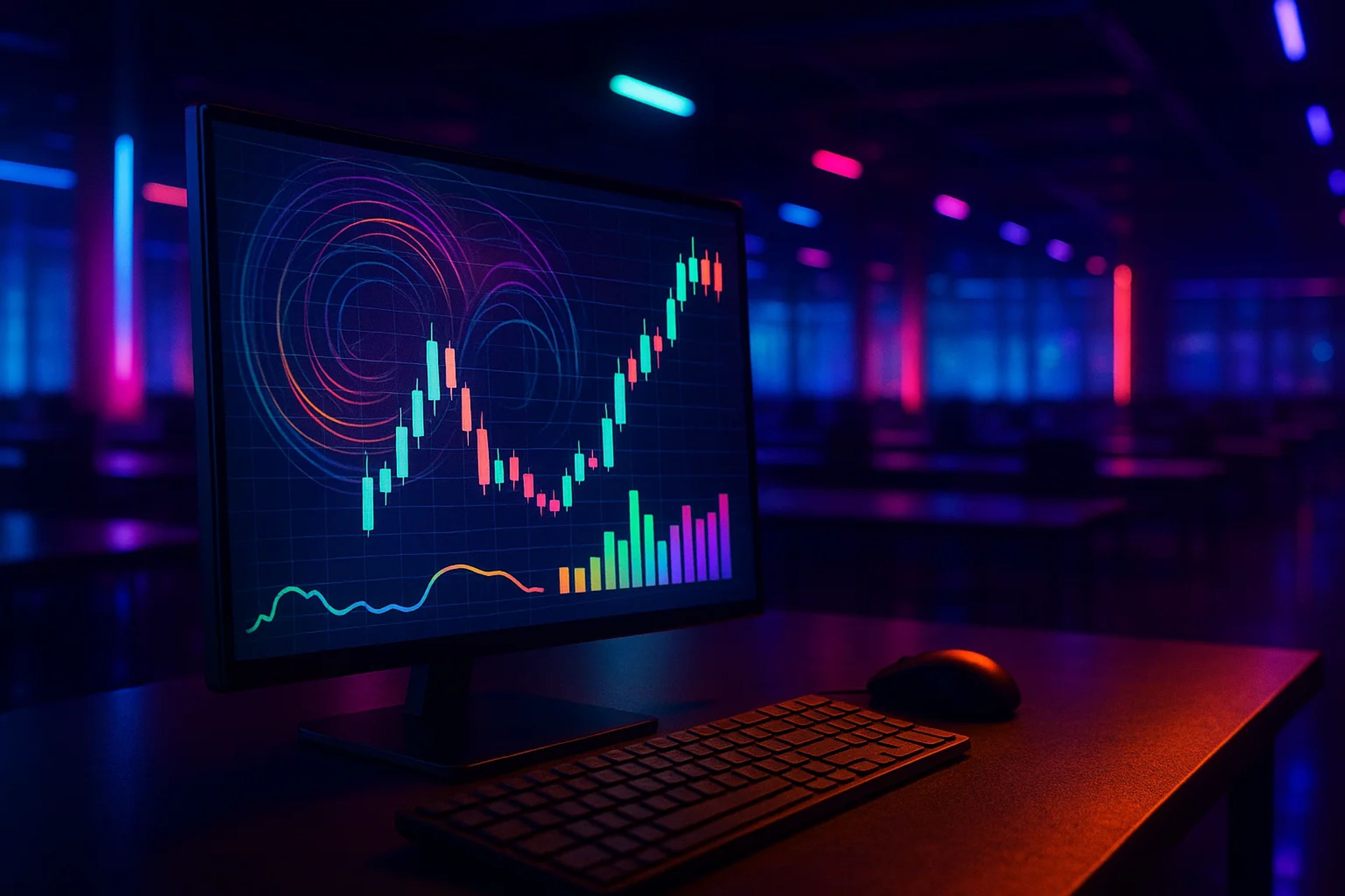 A computer monitor displaying colorful financial
