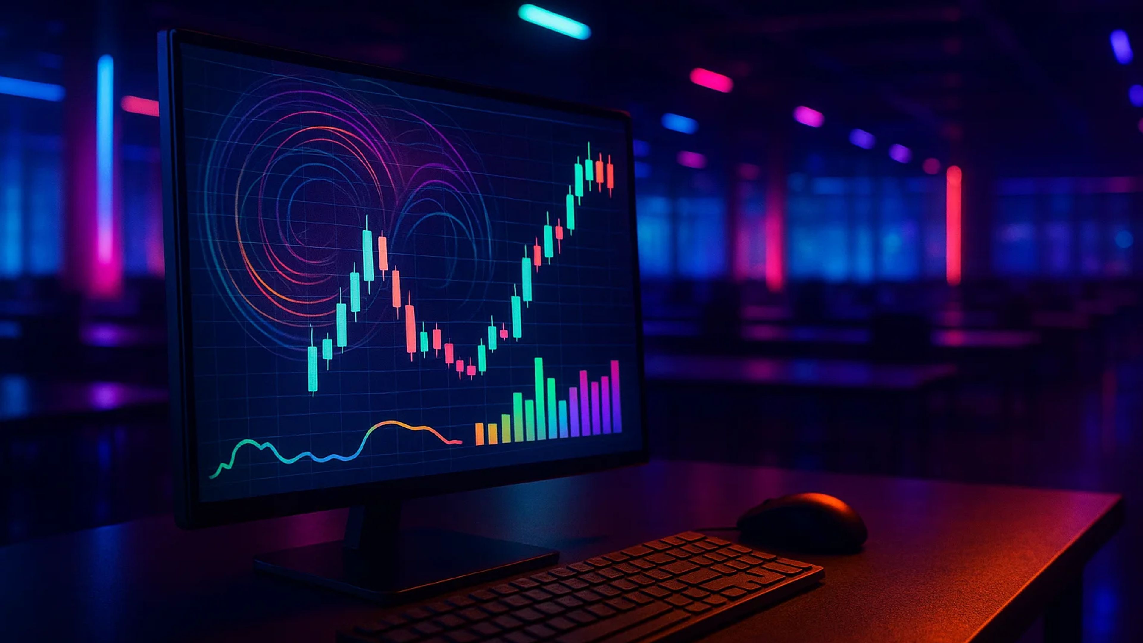 A computer monitor displaying colorful financial