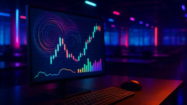 A computer monitor displaying colorful financial