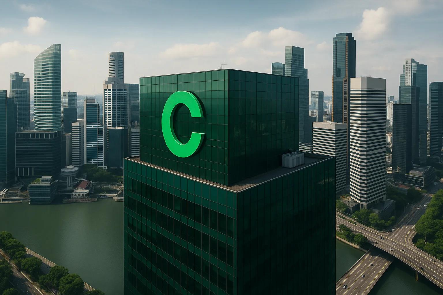 Green letter 'C' on a tall glass building