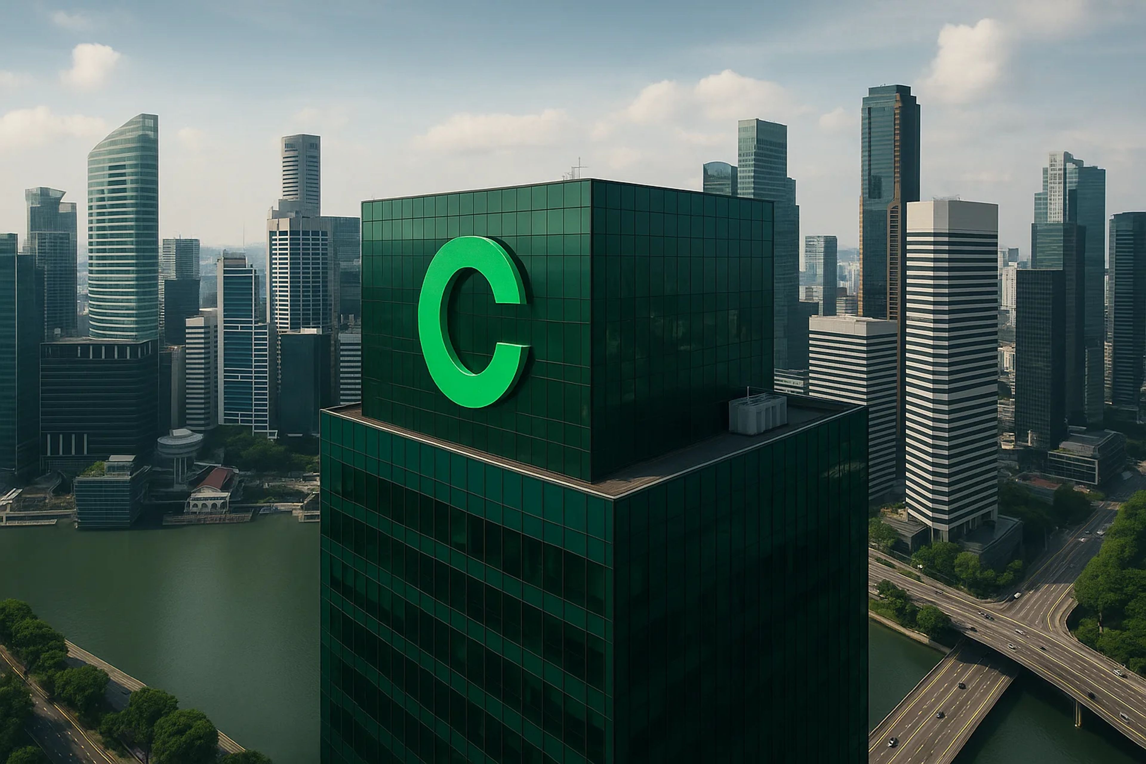 Green letter 'C' on a tall glass building
