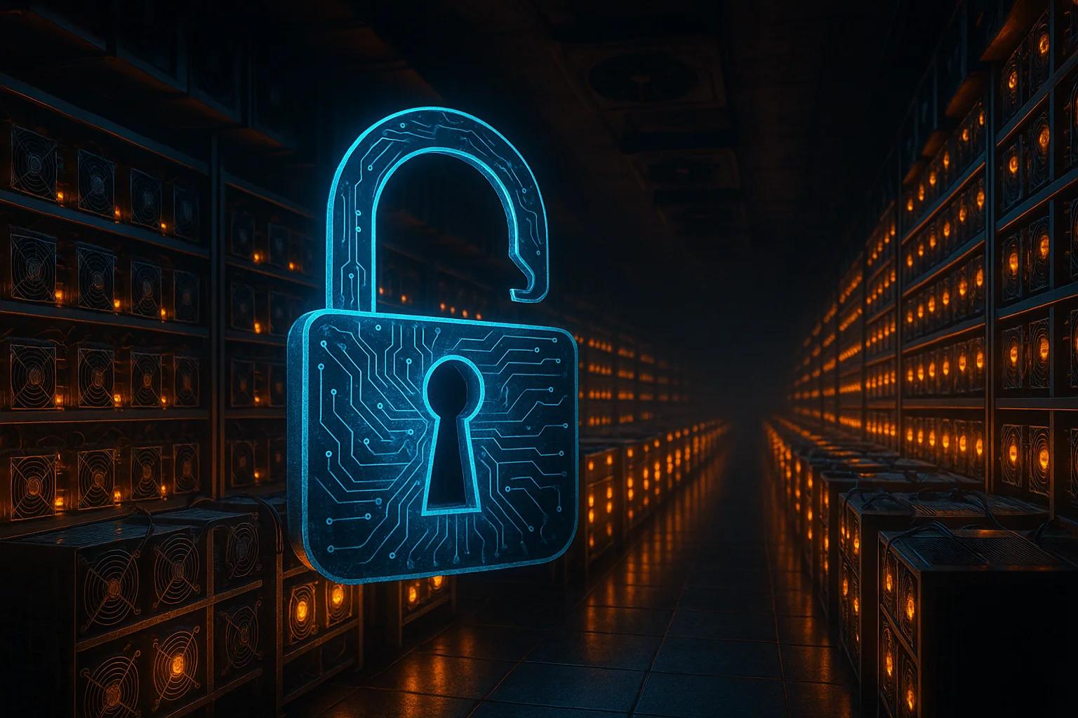 A glowing blue padlock with circuit patterns in a