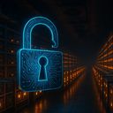 A glowing blue padlock with circuit patterns in a