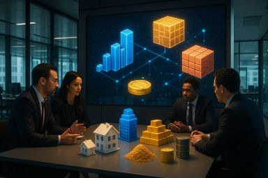 Four professionals discussing 3D geometric models