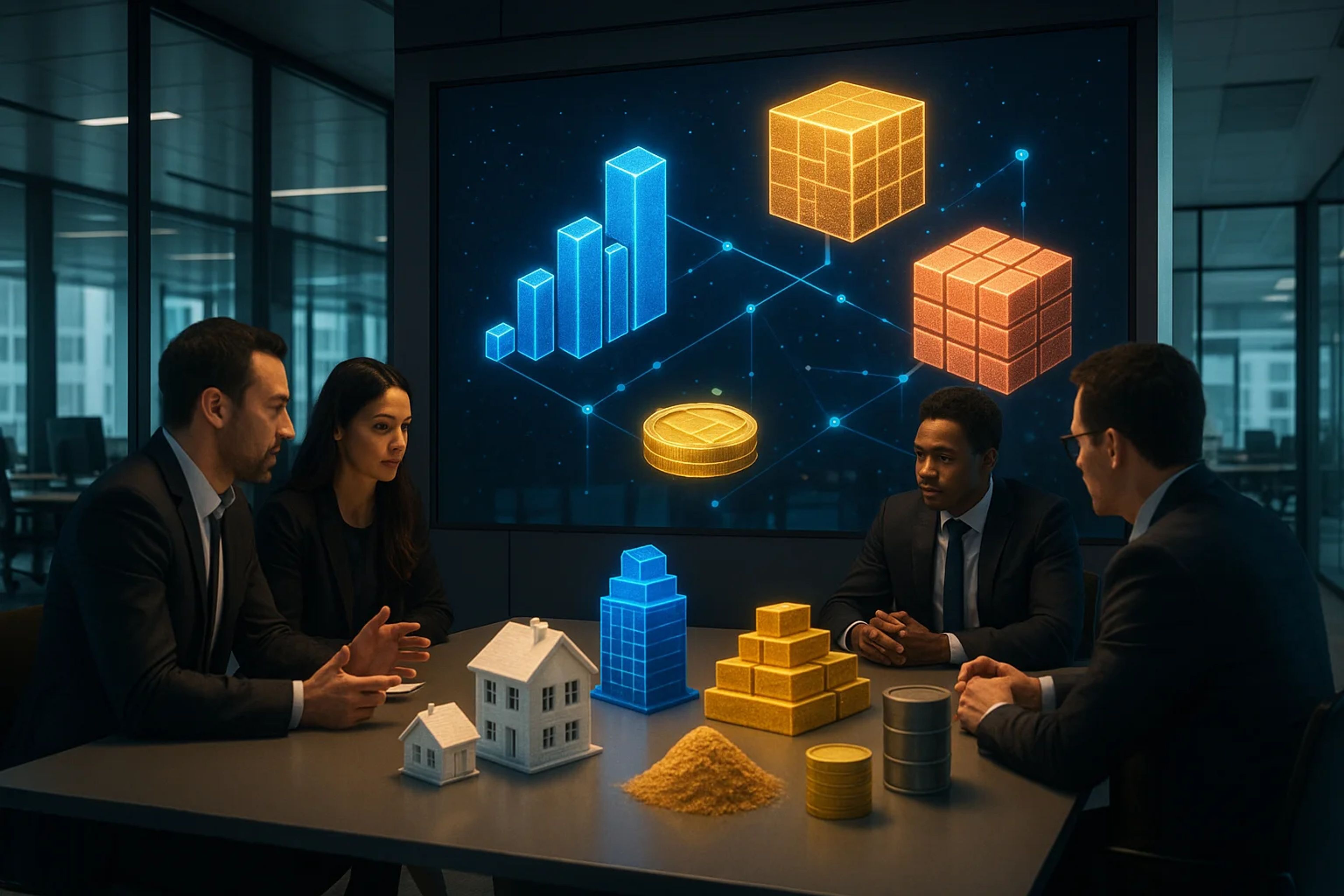 Four professionals discussing 3D geometric models