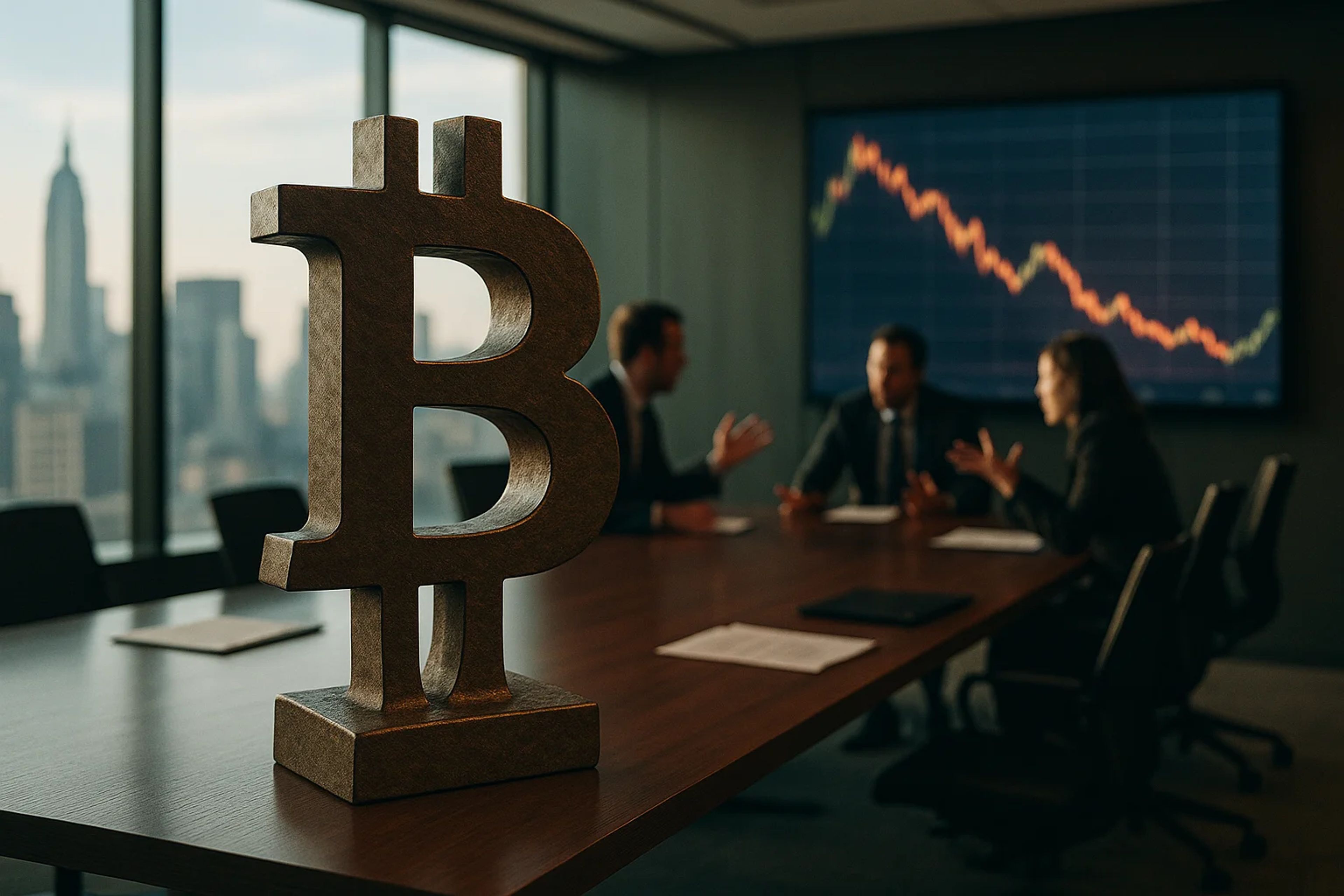 A large Bitcoin symbol in the foreground with a