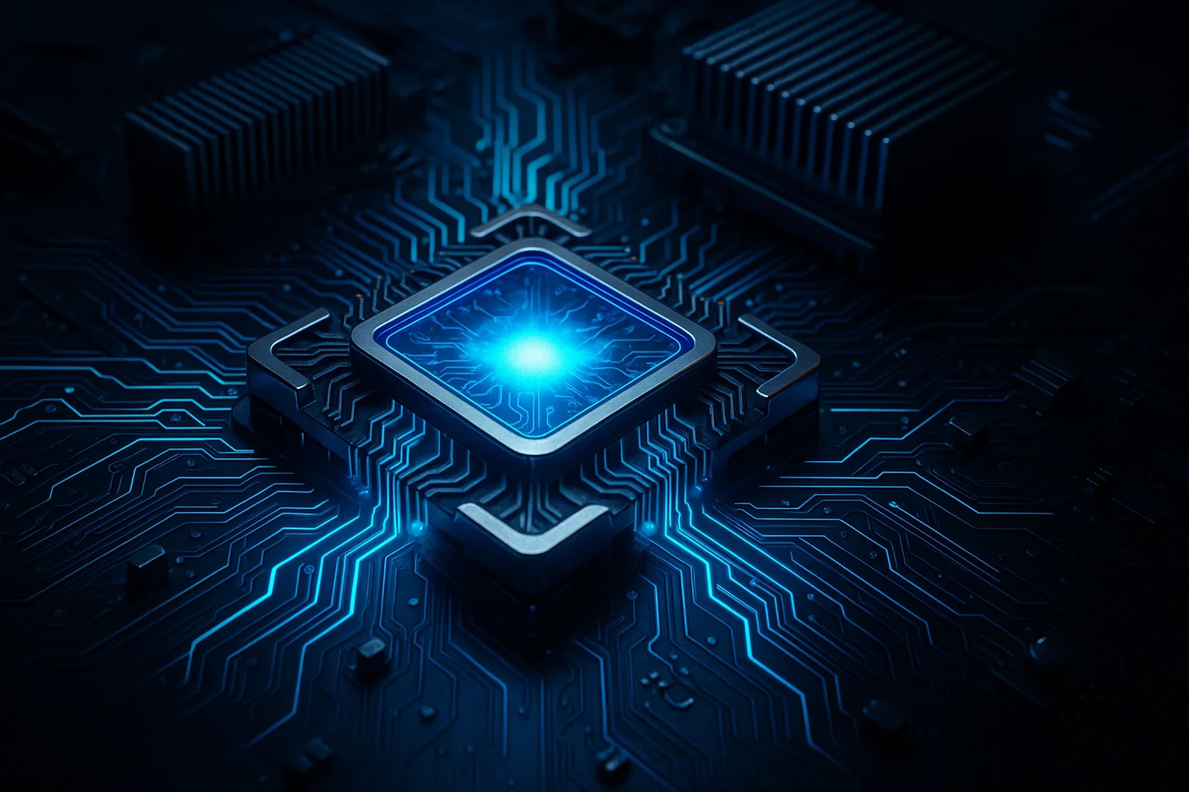 A glowing blue microchip on a dark circuit board