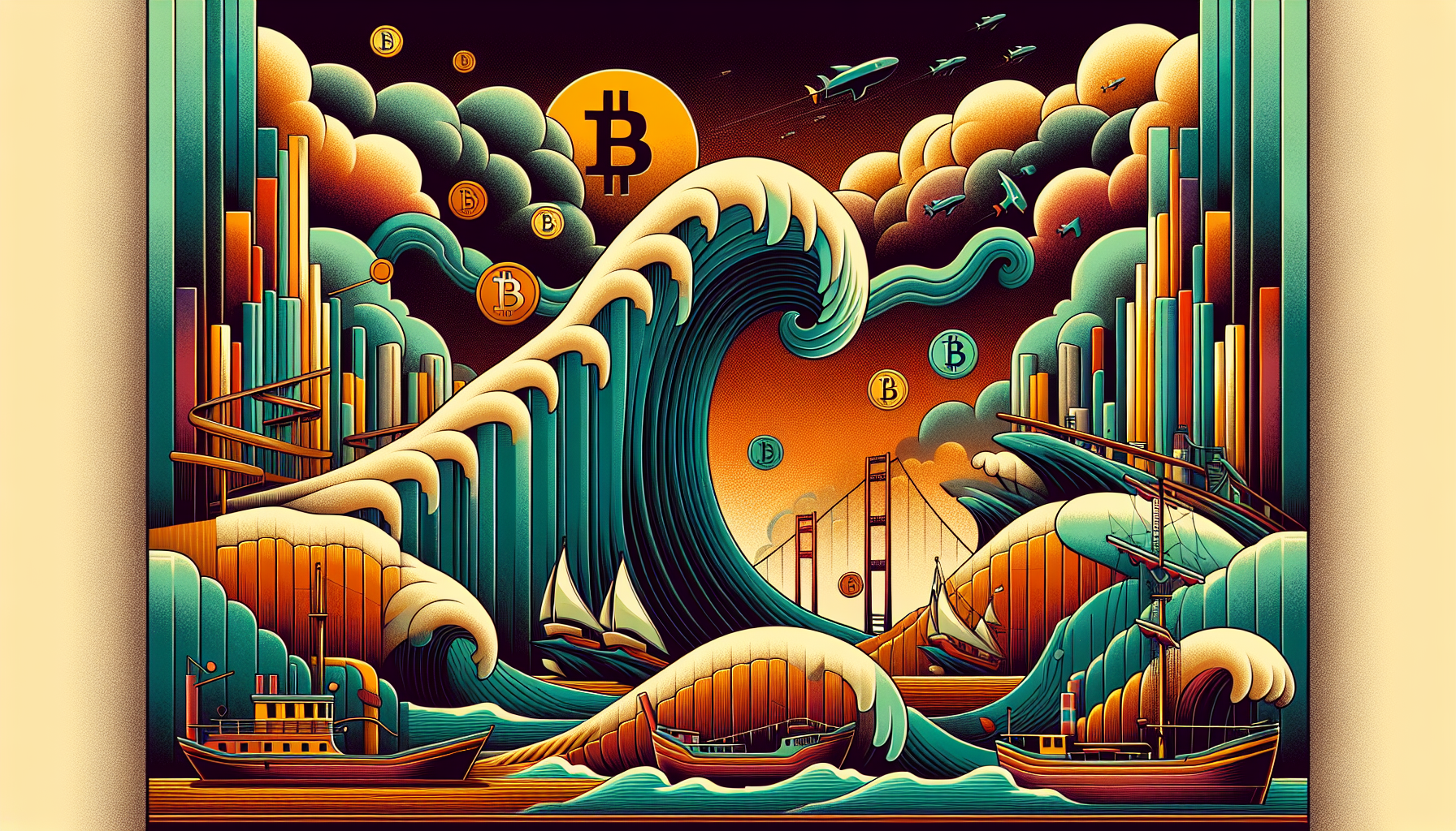 Stylized wave with boats and city skyline