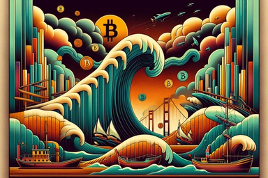 Stylized wave with boats and city skyline