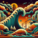 Stylized wave with boats and city skyline