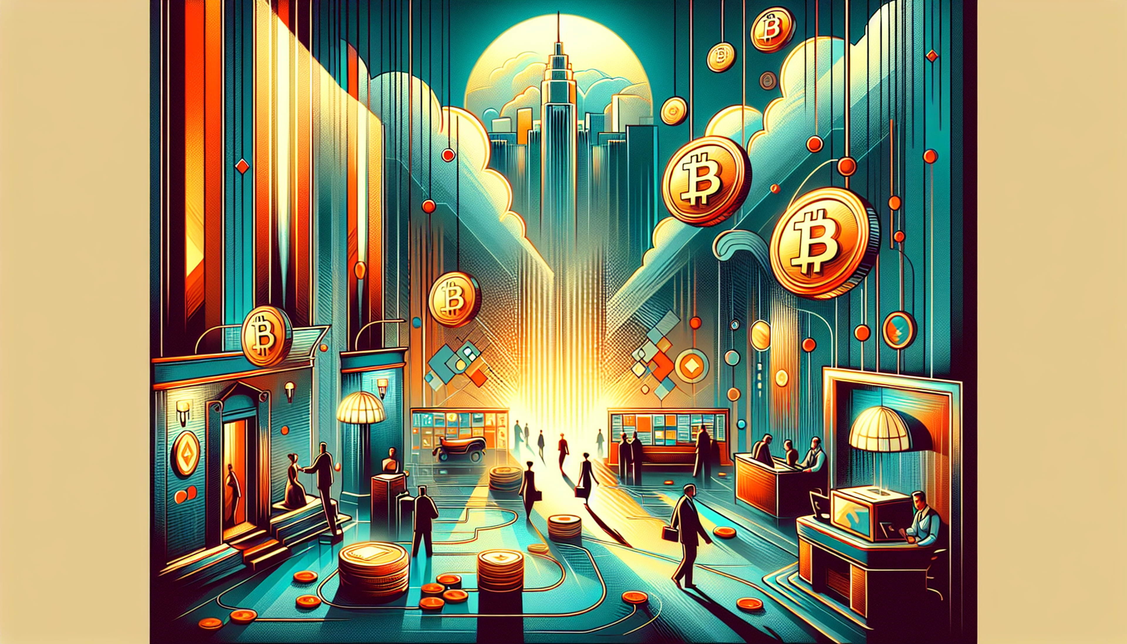 Colorful cityscape with Bitcoin symbols and people